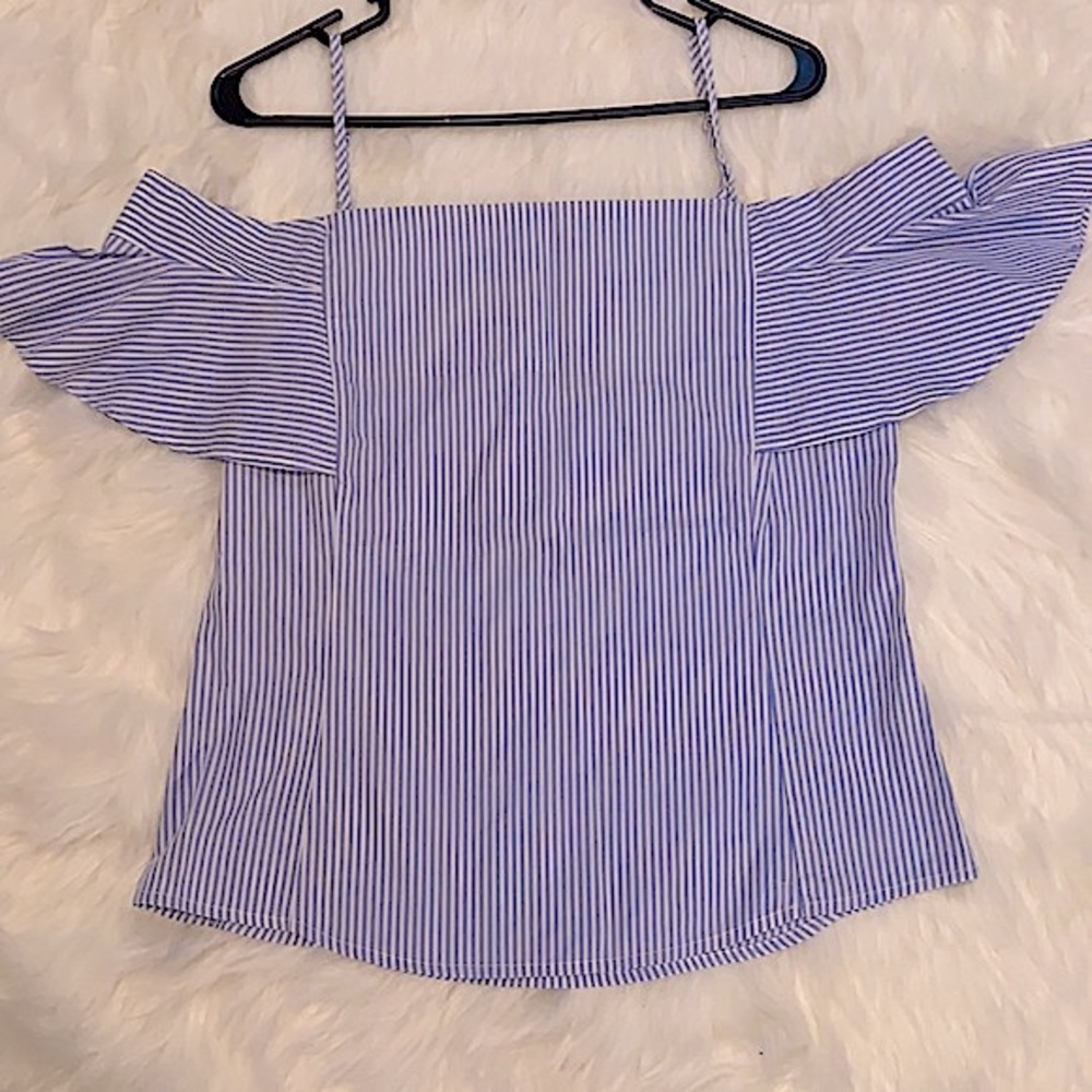 Open Shoulder Flutter Sleeve Nautical Cotton Top Medium